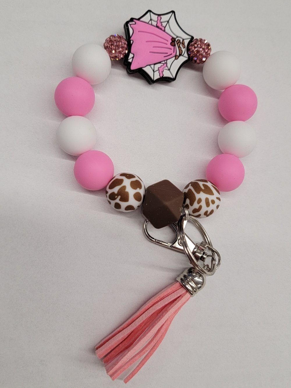 Pink & White Beaded Keychain Wristlet with Tassel